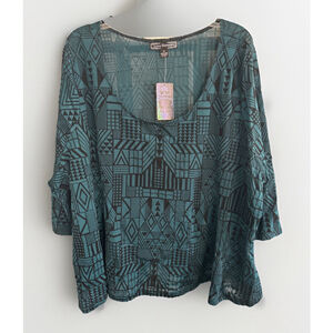 Lucy Diamonds 6X Black & Green Geometric Print Blouse Shirt